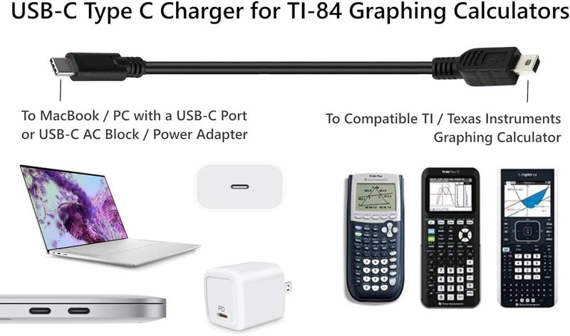ienza USB C USBC Calculator Charger Cable & Block Set for Texas Instruments TI-84 Plus CE Color/TI-Nspire CX/CX CAS/TI-84 Plus/TI-84 Plus C Silver Edition/TI 89 Titanium Graphing Calculators - Image 2
